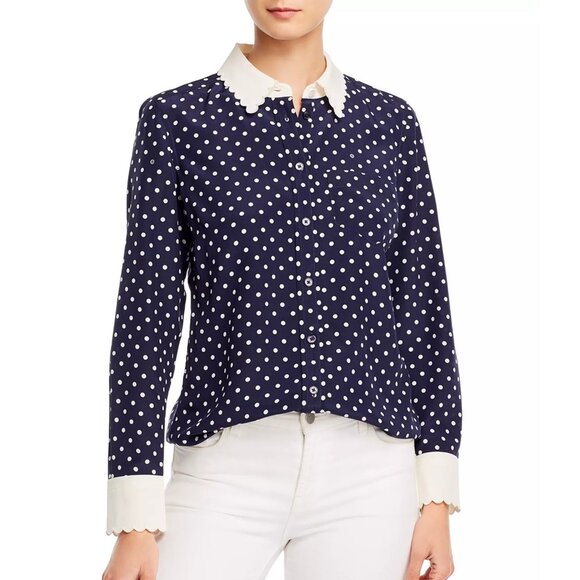 Tory Burch Navy Polka Dot Cream Scallop Silk Blouse - Picture 1 of 10